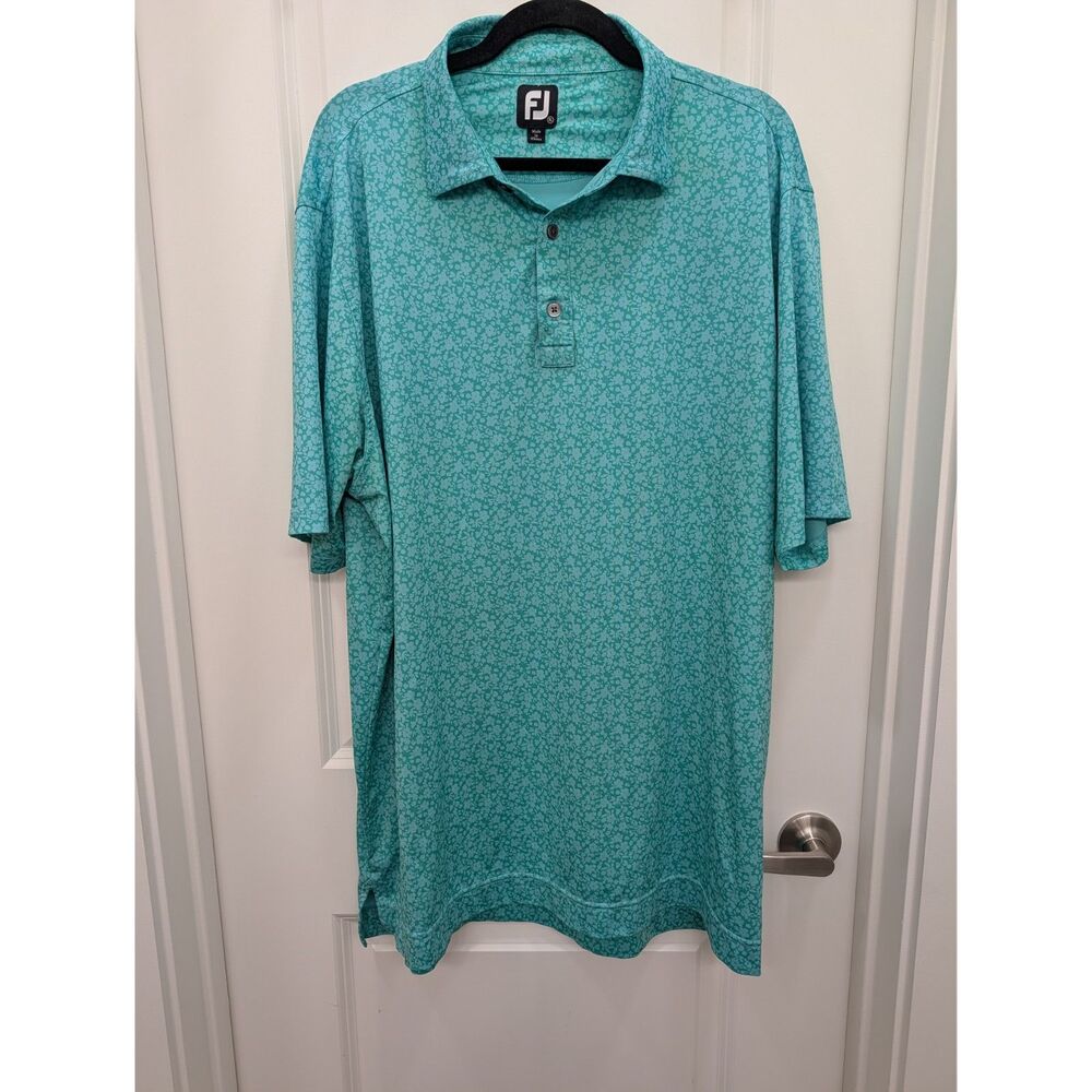 FootJoy Teal Floral Print Short Sleeve Golf Polo Shirt Men XL